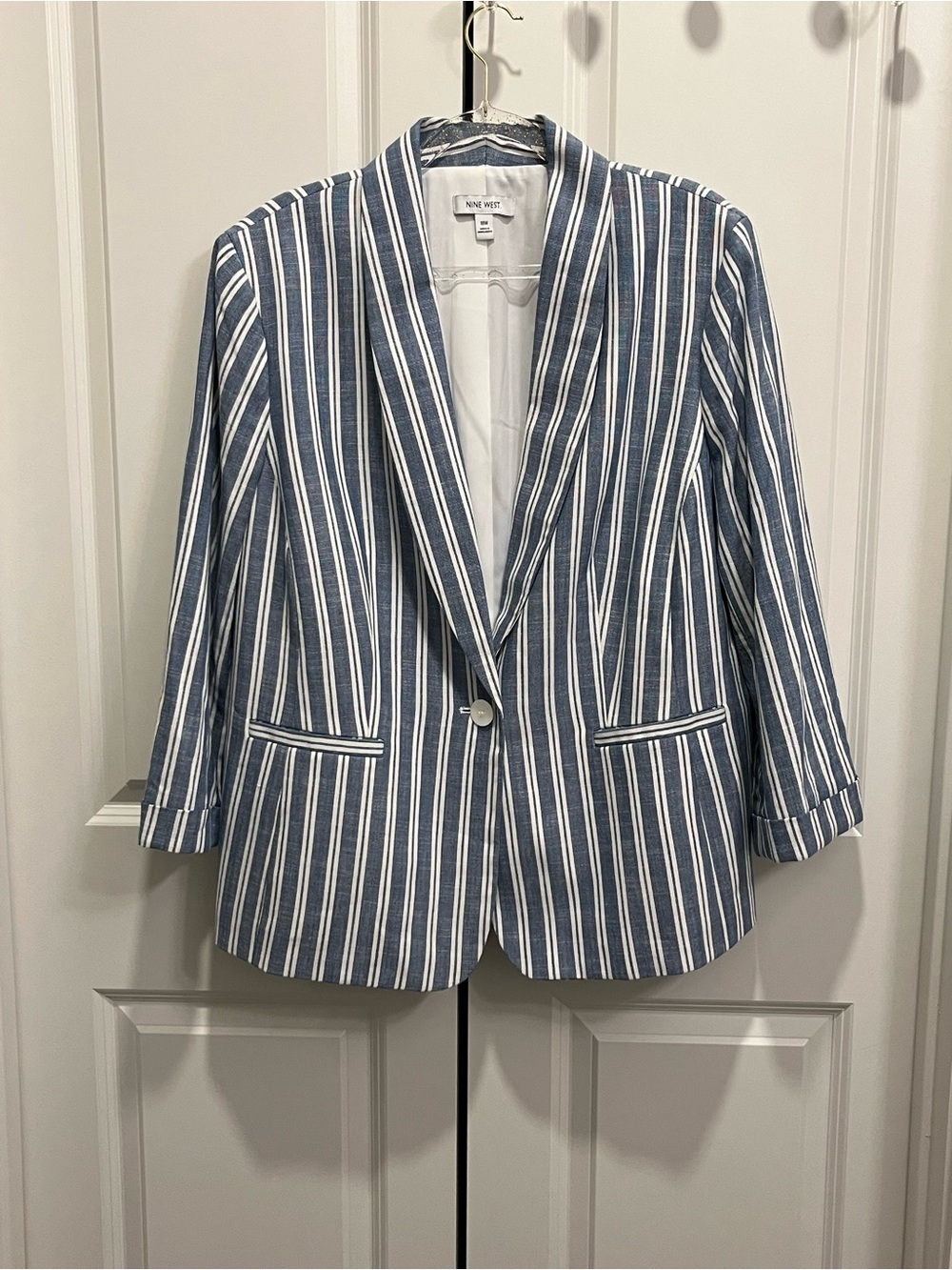 Nine West Blue & White Striped Blazer Women’s 18W Cotton Career Lightweight